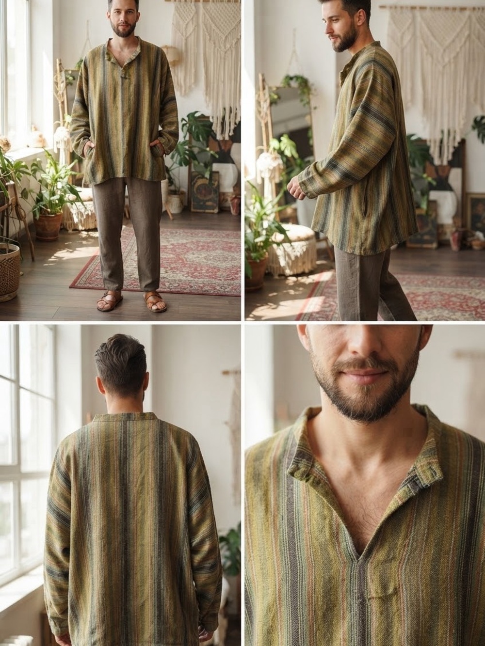 Men's Lightweight Striped Shirt Jacket - Olive Stripe